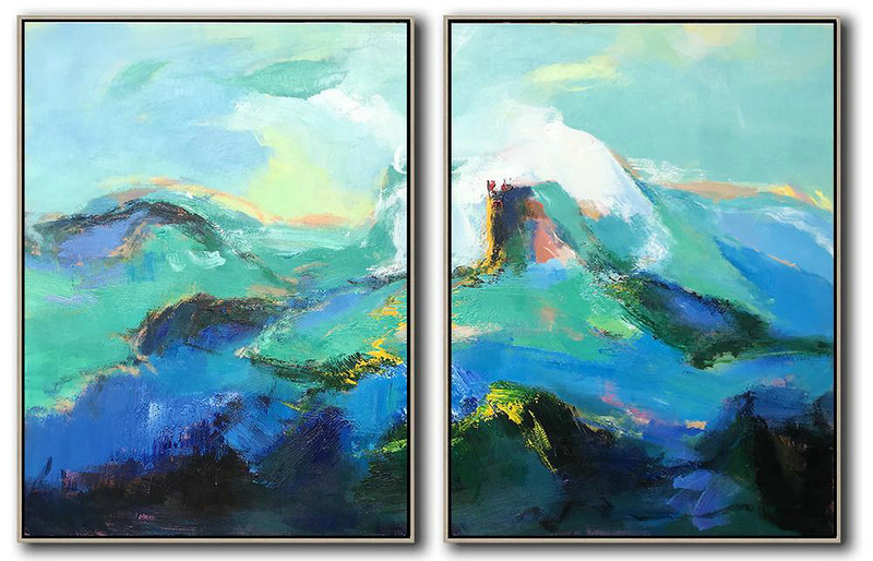 Set Of 2 Abstract Landscape Painting On Canvas,Acrylic Painting Wall Art,Green,Blue,Black,White